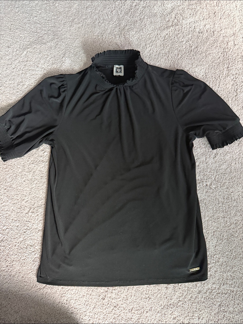 Anne Klein Black Ruffle Mock Neck Short Sleeve Blouse
